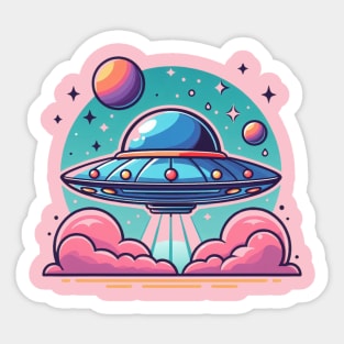 Cute colorful UFO Pink flying saucer Sticker